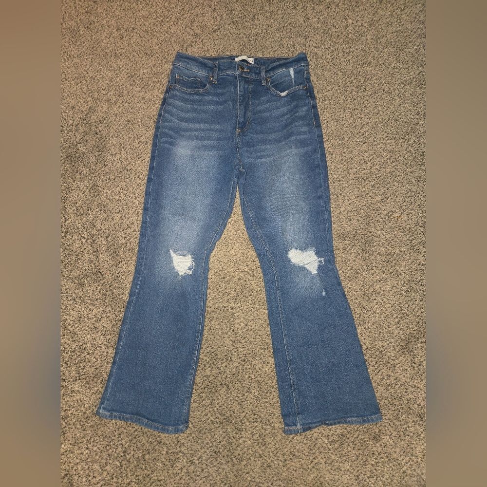 LOFT Mid Blue Distressed Flared Jeans - Picture 2 of 3